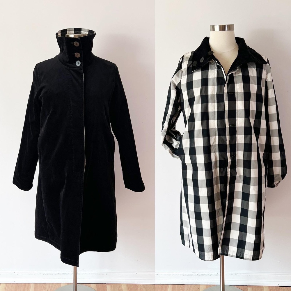 SIZE XL Jane Post Saks Fifth Avenue Reversible Coat Black Velvet Buffalo Check